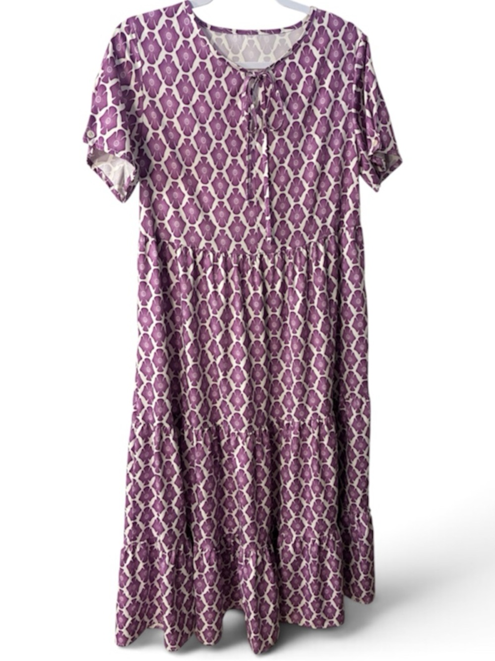 SHEIN Purple Floral Patterned Short-Sleeve Tiered Maxi Dress Small